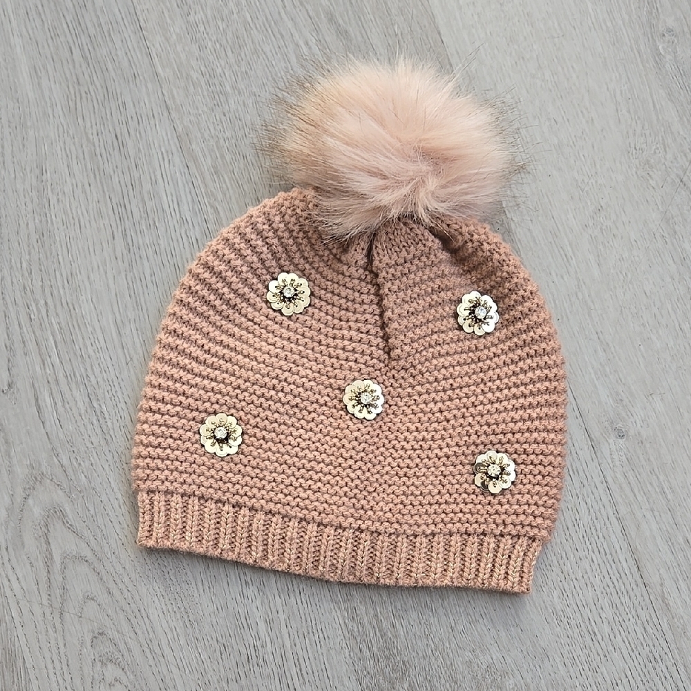 Express Hat Pom Beanie Pink Tan Blush Floral Embellished Bling One Size
